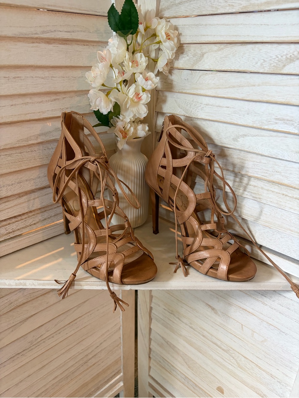 Jessica Simpson Tan Lace-Up Cutout High Heel Sandals